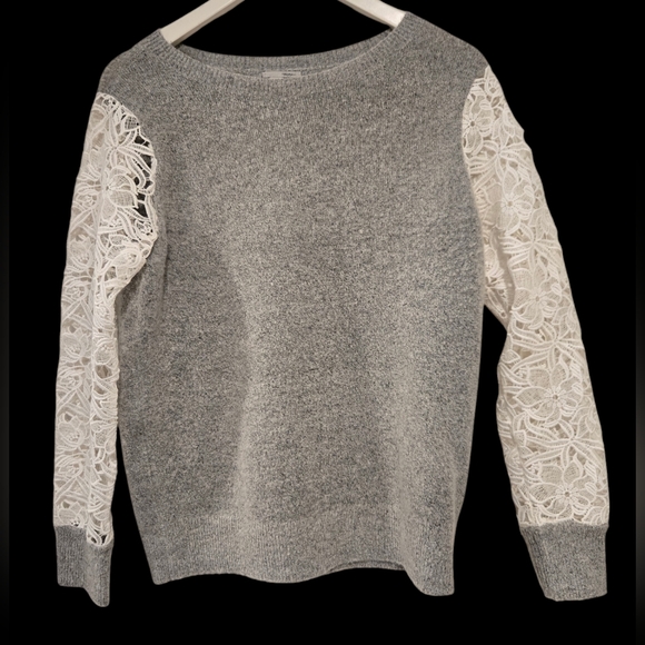 Halogen Sweater Lace Sleeves Womens Size Med Gray and White Wool Alpaca Blend - Picture 2 of 8